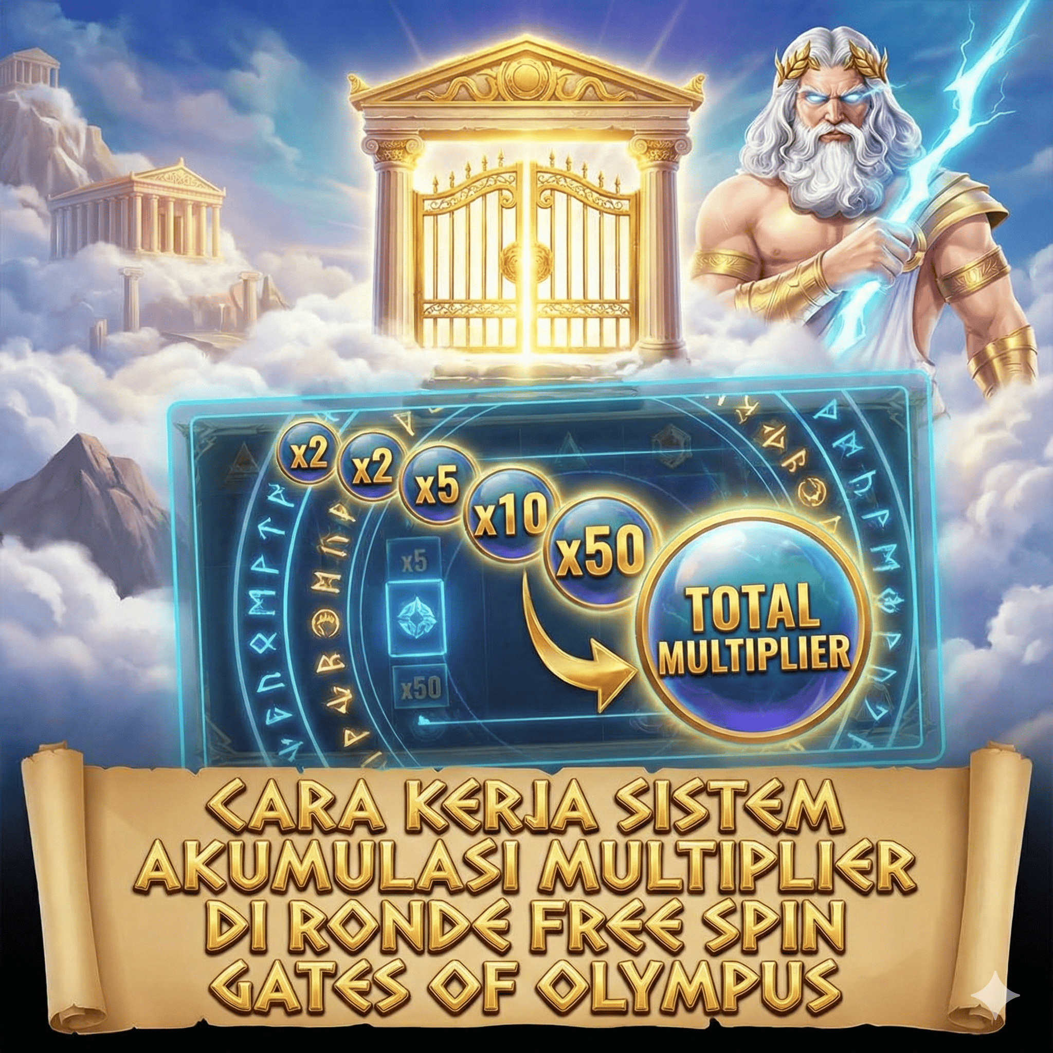 Create an image in square orientation for the article with this title : Cara Kerja Sistem Akumulasi Multiplier di Ronde Free Spin Gates of Olympus.